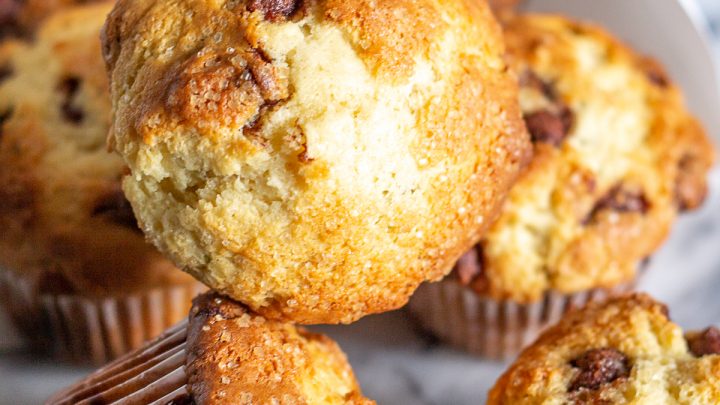 The Best Chocolate Chip Muffins | Learn how to make the best chocolate chip muffins. These muffins have big fat muffin tops, just like bakery muffins.