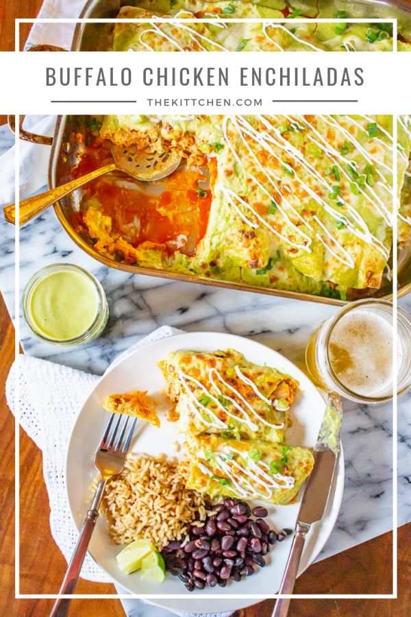 Buffalo Chicken Enchiladas is an easy Tex-Mex dinner recipe that has just the right amount of spice. These enchiladas are filled with creamy spicy buffalo chicken and topped with a poblano cream sauce. #enchiladas #buffalochicken