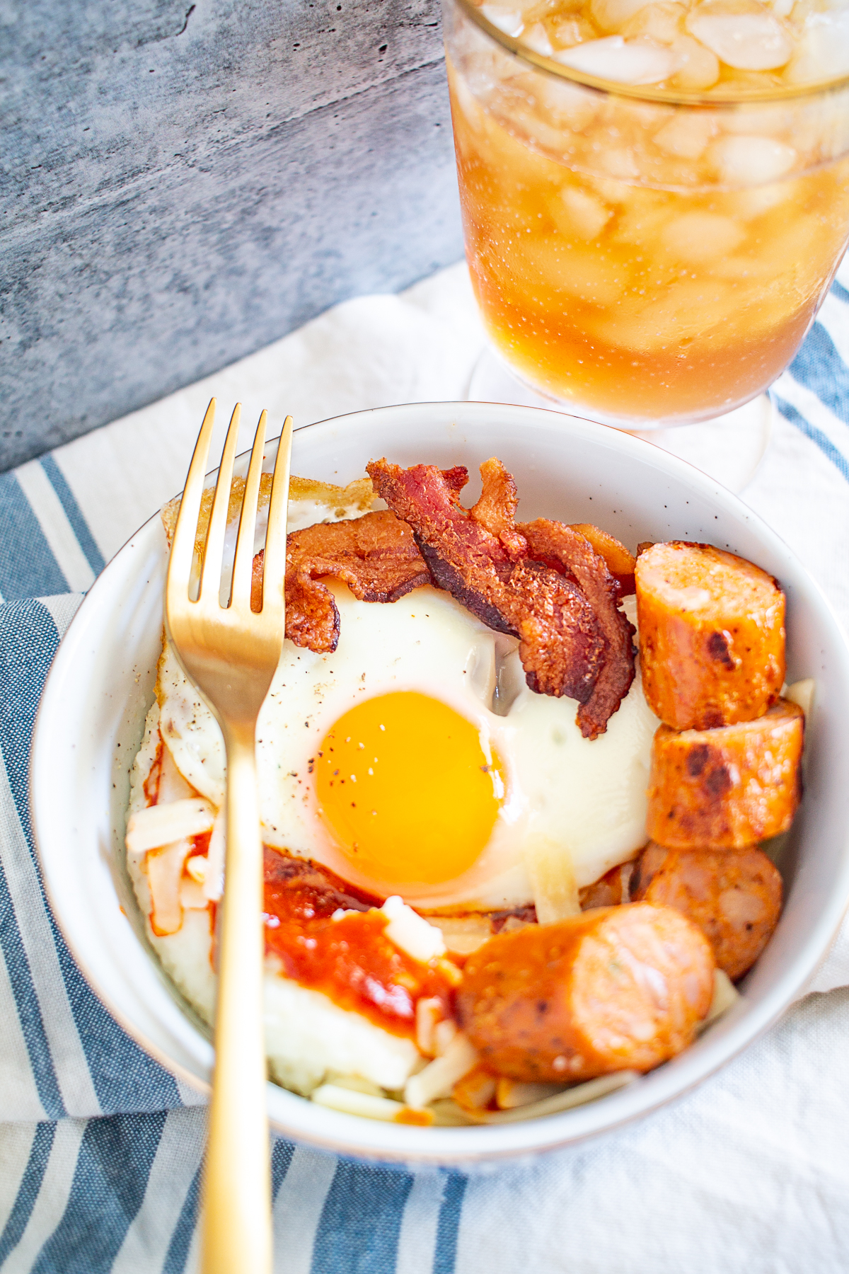 Grits Breakfast Bowls With Sausage Bacon And Red Chile Sauce