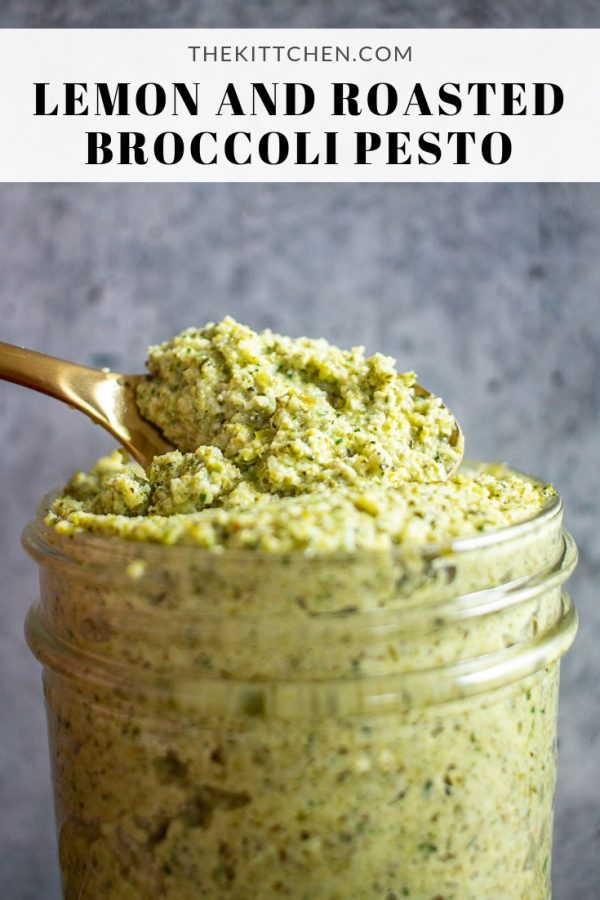 Roasted Broccoli Pesto is made with oven roasted broccoli, broccoli rabe, green onion, and garlic with fresh lemon juice, basil, toasted pine nuts, and Parmesan.