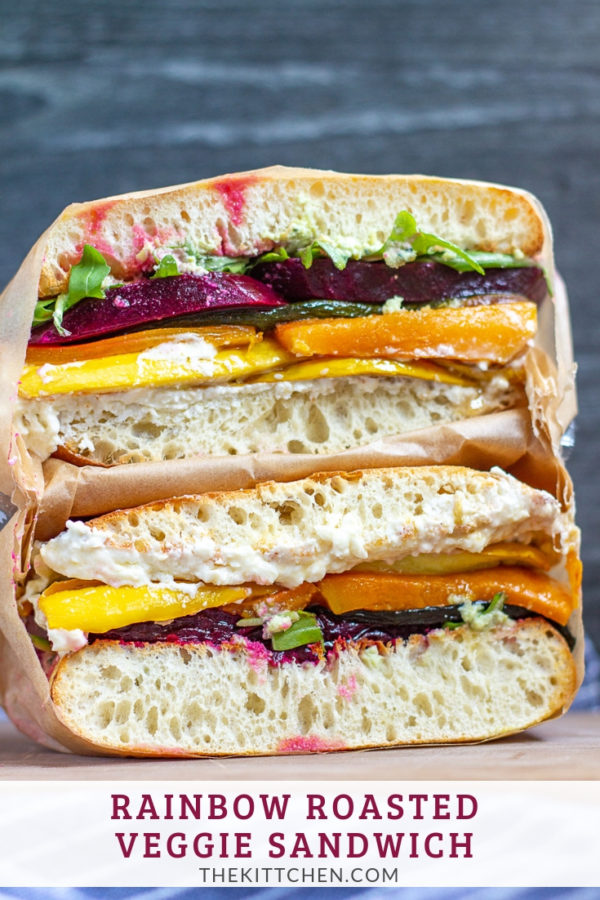 Rainbow Roasted Vegetable Sandwich | A colorful sandwich made with layers of roasted beets and squash with whipped feta and hummus.