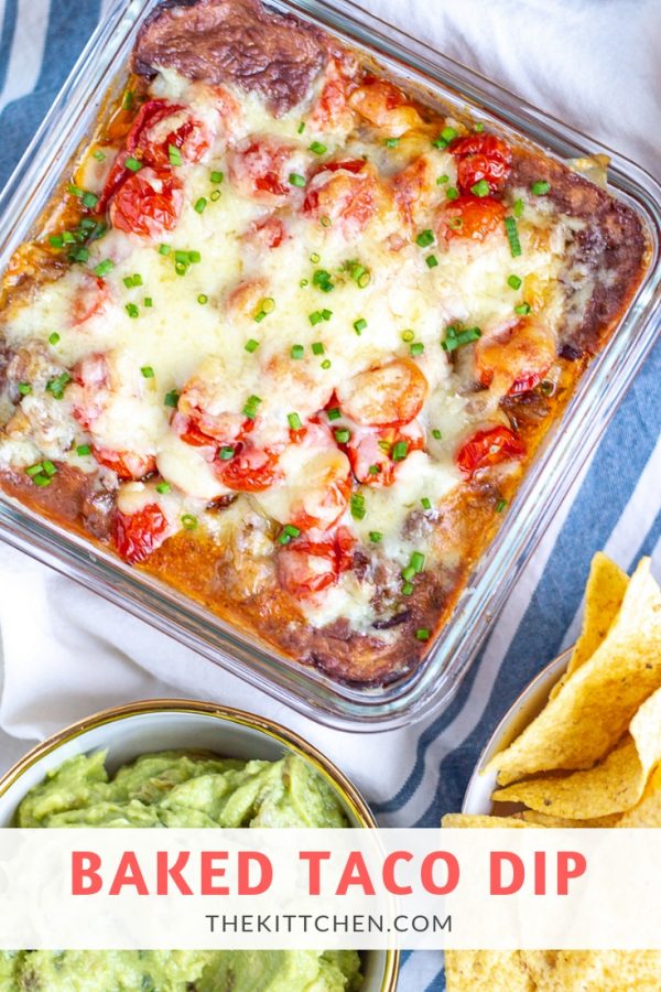 Baked Taco Dip is a hot dip with layers of refried beans, cream cheese, salsa, ground beef, diced tomatoes, and cheese