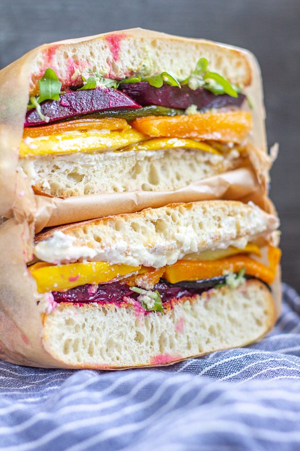 Rainbow Roasted Vegetable Sandwich Recipe with Whipped Feta and Hummus