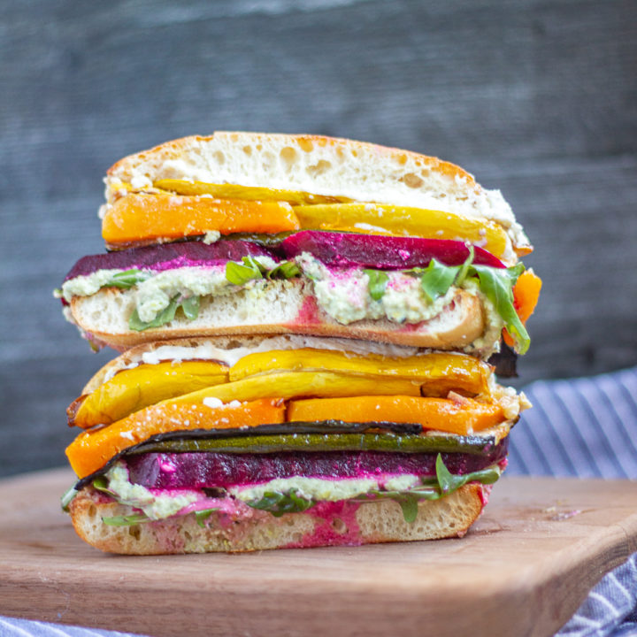 Rainbow Roasted Vegetable Sandwich | A wholesome meal made with roasted vegetables, edamame, and whipped feta.