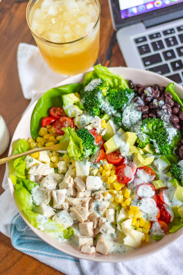 Southwest Cobb Salad | Meal prep salads with chicken, corn, tomatoes, avocado, broccoli, and beans