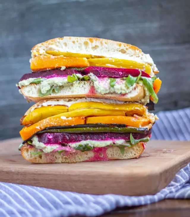 Rainbow Roasted Vegetable Sandwich | A wholesome meal made with roasted vegetables, edamame, and whipped feta.