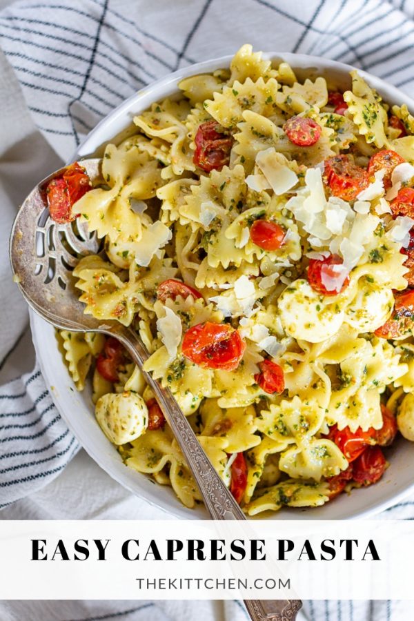 Easy Caprese Pasta | This easy recipe combines roasted tomatoes, basil pesto, and fresh mozzarella to create a pasta dish with bold flavors.