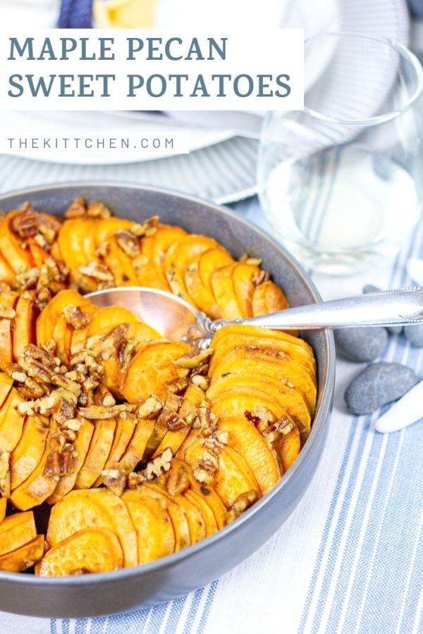 These Maple Pecan Sweet Potatoes are made with sliced sweet potatoes that are roasted in butter, salt, and maple syrup, which are topped with a butter, brown sugar, and pecan topping. It's a sweet and salty side dish perfect for Thanksgiving.