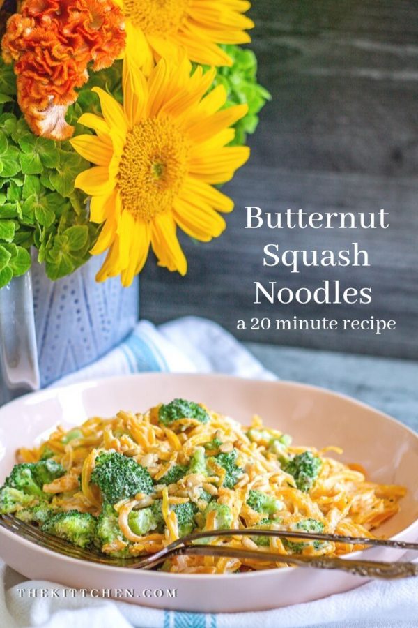 Butternut squash noodles cooked in a herbed cheese sauce with broccoli. 