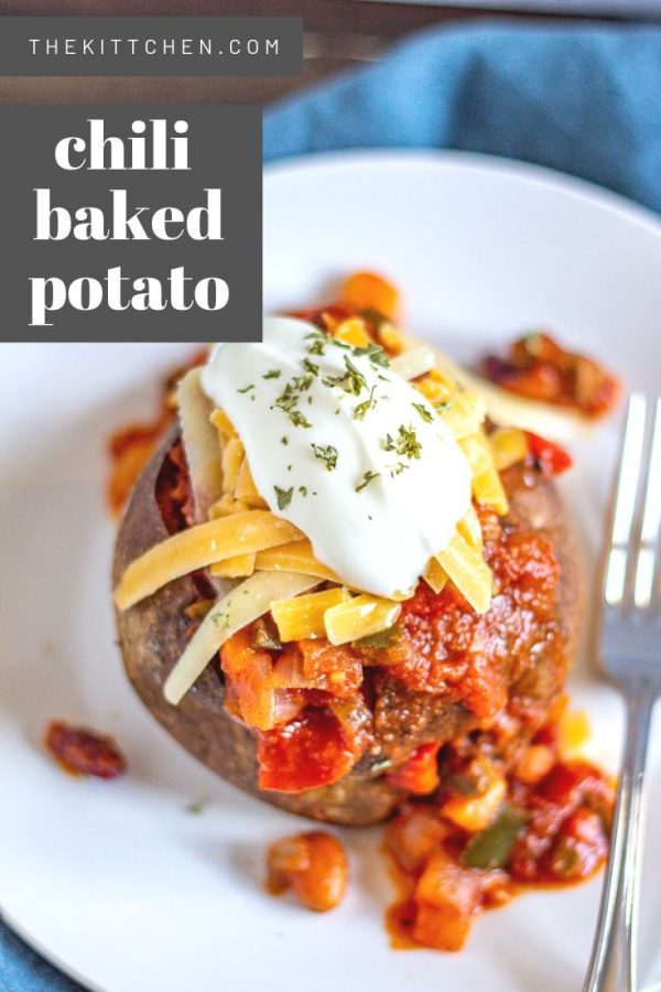 Chili Potatoes are baked potatoes filled with chili and topped with sour cream and cheddar cheese. It's a simple way to serve leftover chili that makes it feel like a whole new meal.