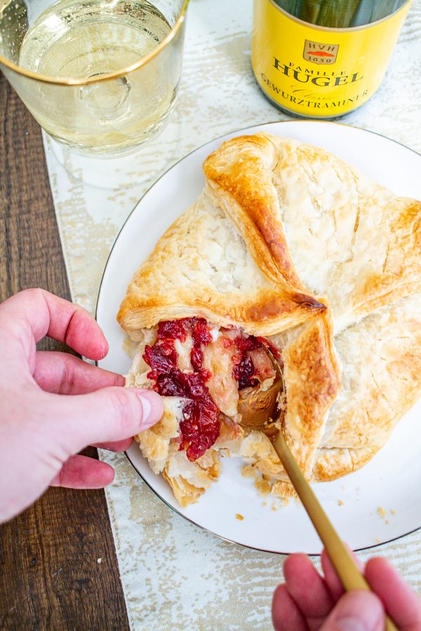 Baked Brie with Cranberry Chutney paired with Hugel Gewürztraminer Classic - pair this classic appetizer with this fruity off-dry wine. #sponsored
