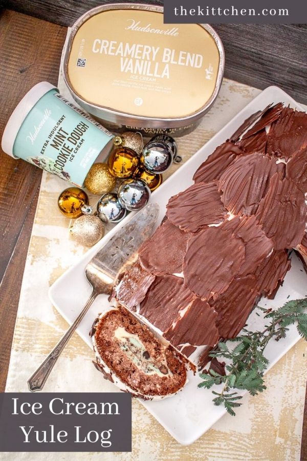 #ad The classic pairing of cake and ice cream gets festive with this Ice Cream Yule Log recipe! This yule log is made with chocolate cake and is filled with Hudsonville’s Creamery Blend Vanilla and Extra Indulgent Mint Cookie Dough ice creams – it’s the perfect holiday treat!