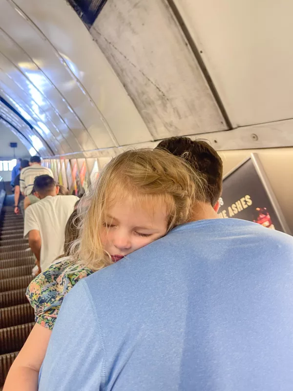 Taking the London Underground with a toddler - be prepared for lots of long escalators. 