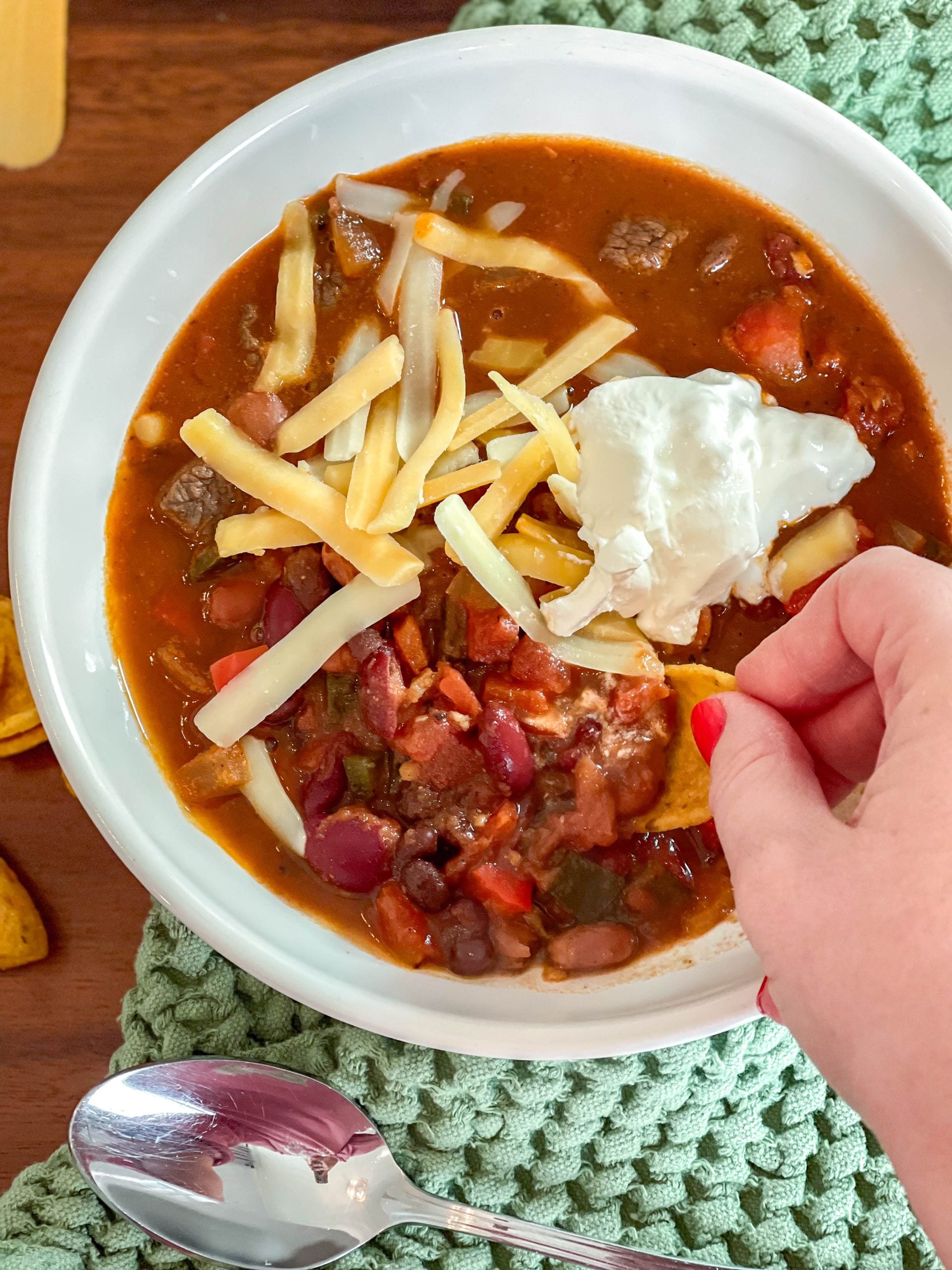 This Brisket Chili has chunks of tender meat, lots of beans, and a smoky spicy flavor thanks to poblano peppers.